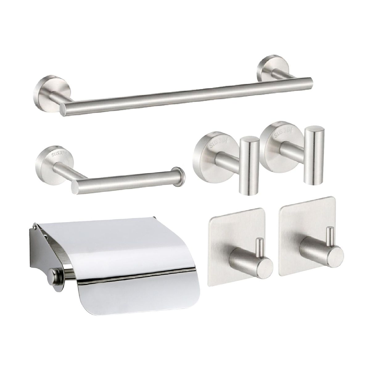 7PCS Bathroom Hardware Set Towel Bar Toilet Paper Holder 4 Hooks Stainless Steel Wall Mounted Drilling Towel Holder Toilet Paper Rack with Cover Hanging Hooks