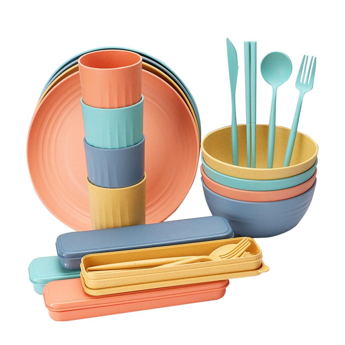 32PCs Food-grade Wheat Straw Dinnerware Set Microwave Dishwasher Freezer Safe Plates Bowls Cups Spoons Forks Chopsticks Cutters Cutlery Boxes Practical Tableware Eco-friendly Reusable Kitchen Utensils for Kitchen Kindergarten School Office Picnic Parties