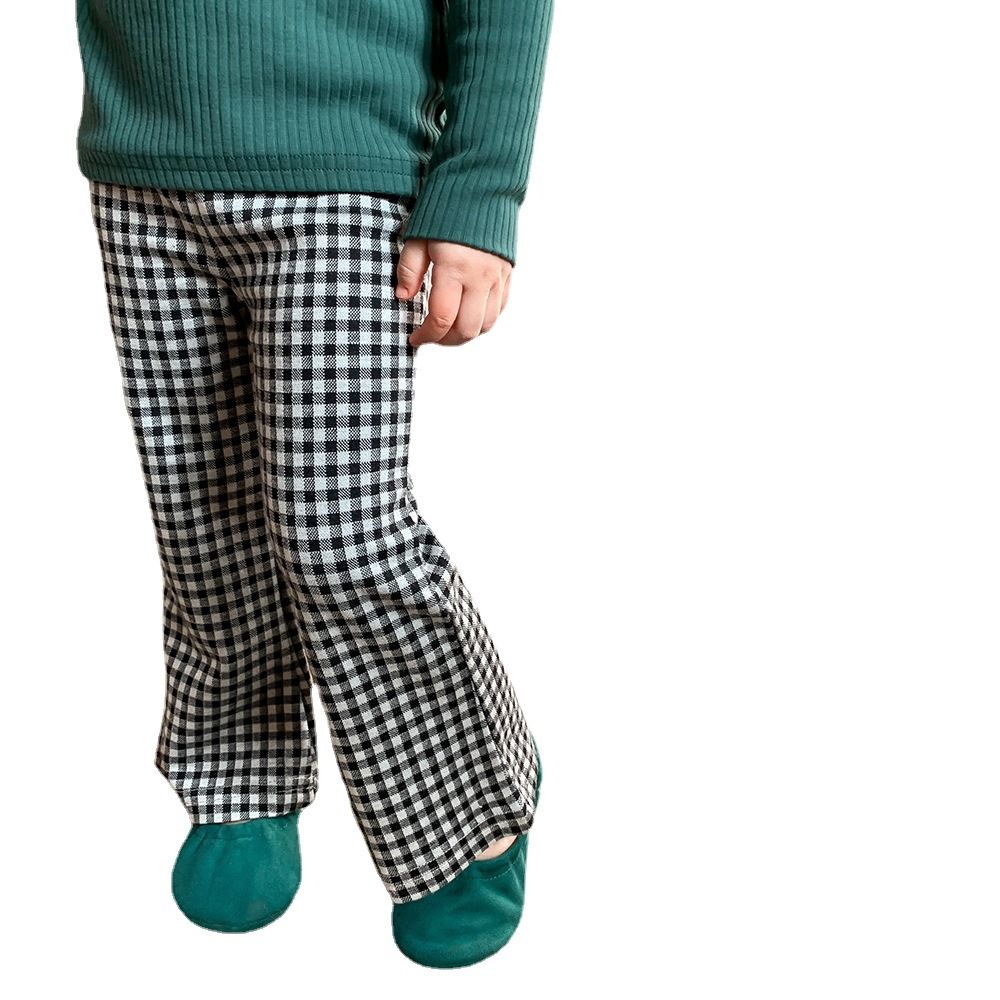 Cotton Kids Fashion Plaid Casual Girls Wide Leg Trousers -Black