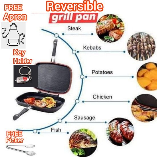 40cm Double Sided Non Stick Pressure Die Casting Grill Frying Sauce Pan + Picker + Apron + Key Holder
