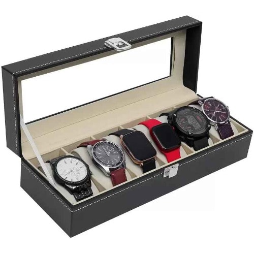 Leather Watch Storage Organizer Box With Transparent Glass - 6pcs