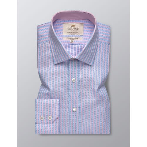 Men's Formal Blue & Pink Stripe Slim Fit Shirt With Contrast Detail - Single Cuff - Easy Iron