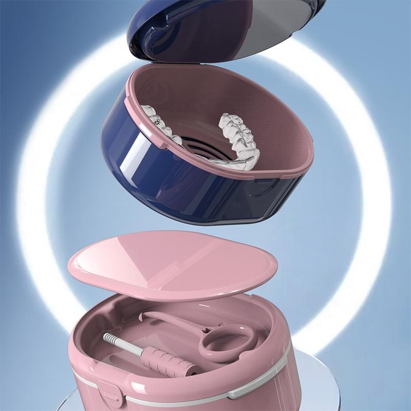 Double-layer Portable Mirror Holder Cleaning Box, Braces Storage, Denture Soaking Invisible Braces Cleaning Box Three Colors