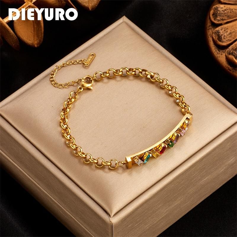 DIEYURO 316L Stainless Steel Colorful Square Zircon Charm Bracelet For Women Fashion Girls Wrist Jewelry Party Wedding Gifts