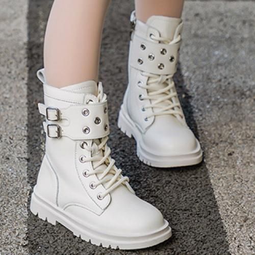 Girls Boots Fashion Children's Leather Short Boots-White