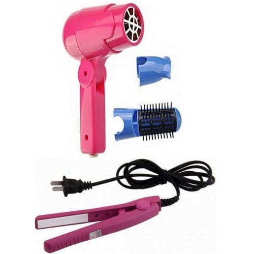 2 IN 1 Mini Hair Dryer with Roller + Mini Hair Straightener - Pink