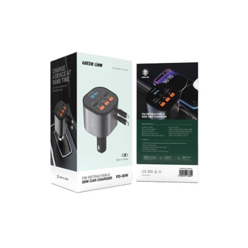 Green Lion Fm Retractable Car Charger -50w - Black