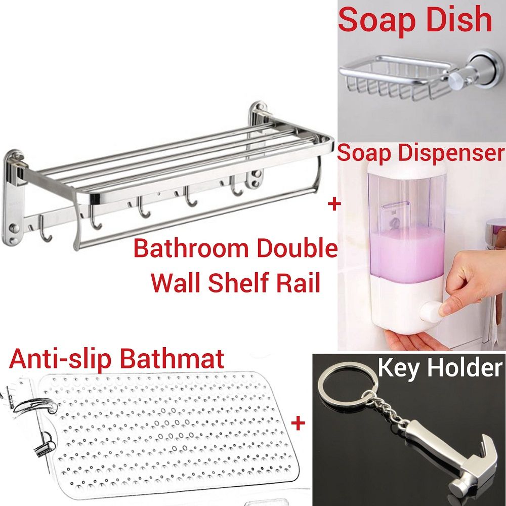 Kitchen/ Bathroom Towel Hanger With Multiple Rail Shelf Rack + Anti Slip Fall Accident Bathmat Foot Mat + Soap Dish Holder + Liquid Soap Dispenser + FREE Key Holder