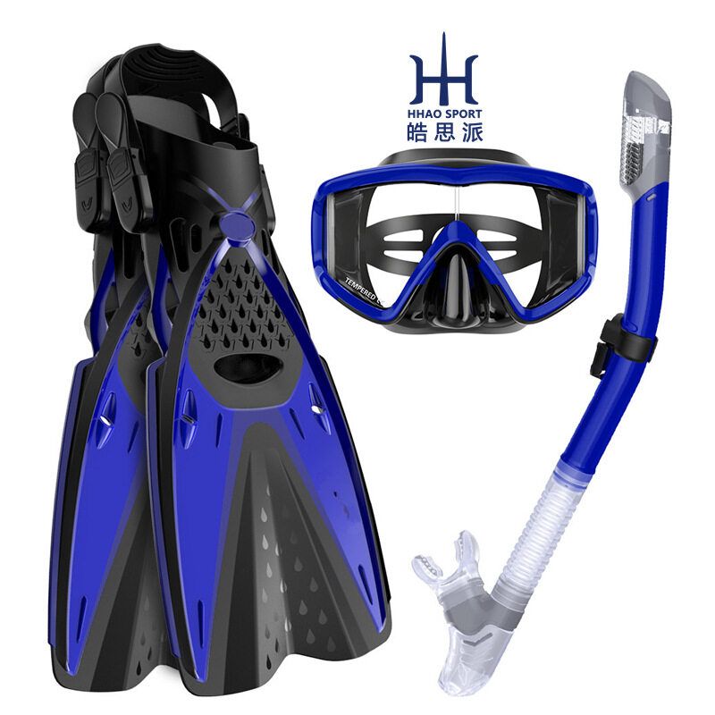 HHAOSPORT 3PCS/Set Snorkel Cover Swimming Glasses + Underwater Breathing Tube + Diving Fins Diving Blue S M