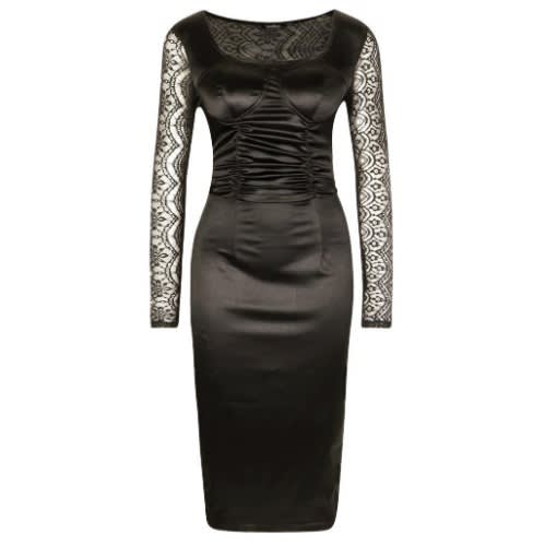 Stretch Satin Cupped Rouched Midi Dress - Black