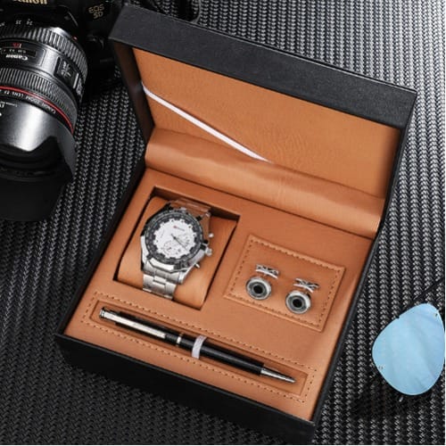 Men's Gifts Set - White Dail Quartz Wrist Watch - Cufflinks
