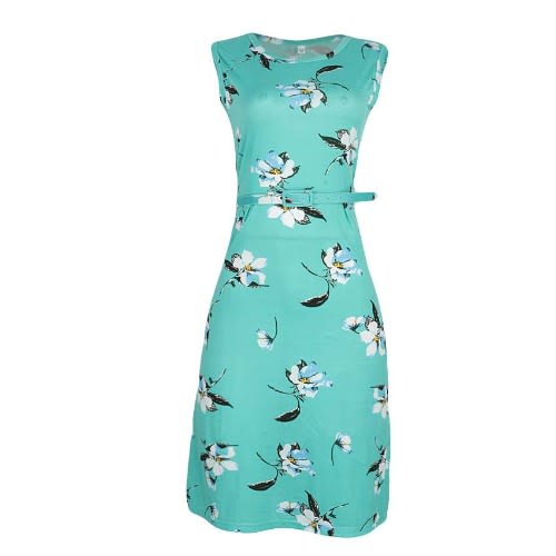 Belted Floral Skater Dress- Green