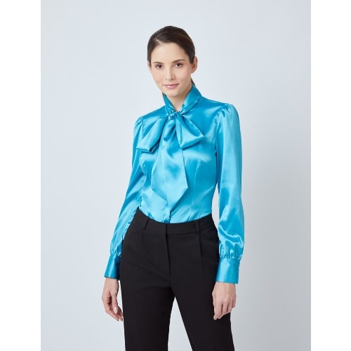Women's Marine Fitted Satin Blouse - Single Cuff - Pussy Bow