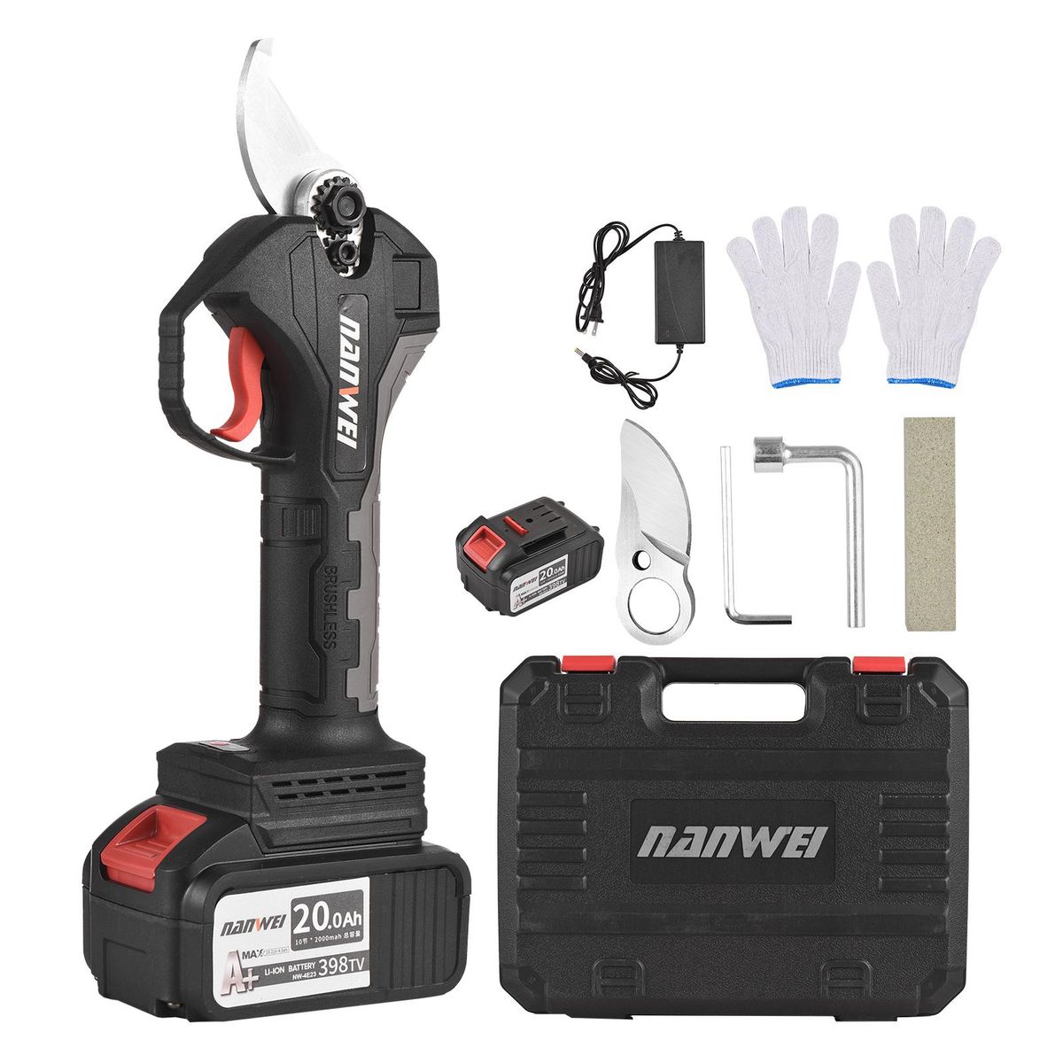 Nanwei 21V Brushless Cordless Electric Pruning Shears Rechargeable 20Ah Lithium Battery Powered Tree Branch Pruner Garden Clippers 30mm Cutting Diameter with Replacement Blade 4000mAh