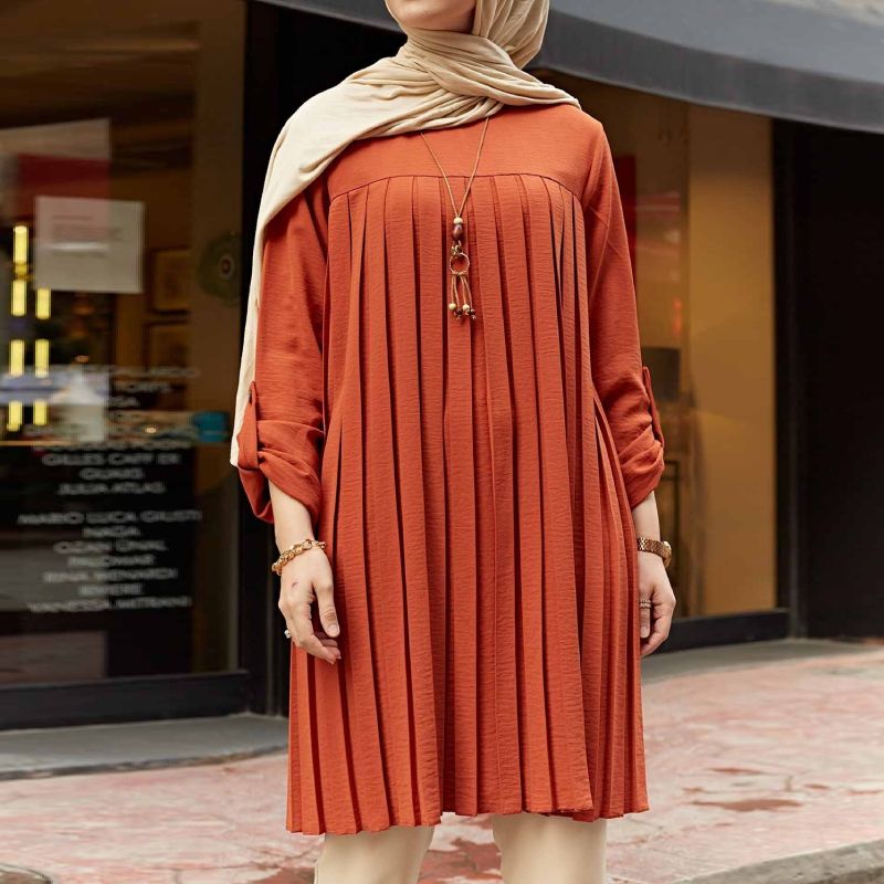 Pleated Tunic Women Long Sleeve Plus Size Tops Turkey Abaya Dubai Long-Orange