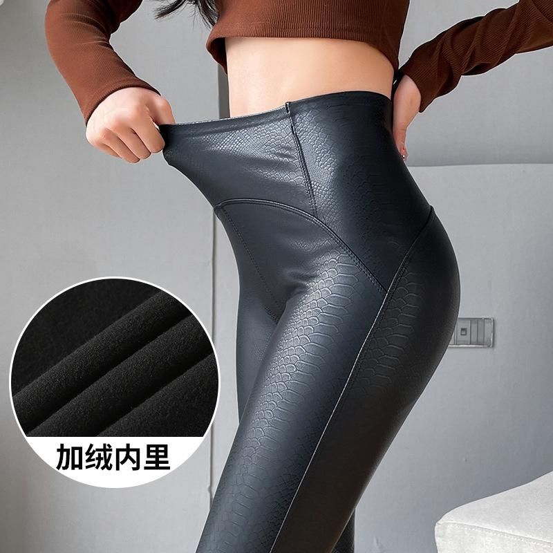 Matte PU leather pants for women's spring oversized plush leggings, tight elastic small foot