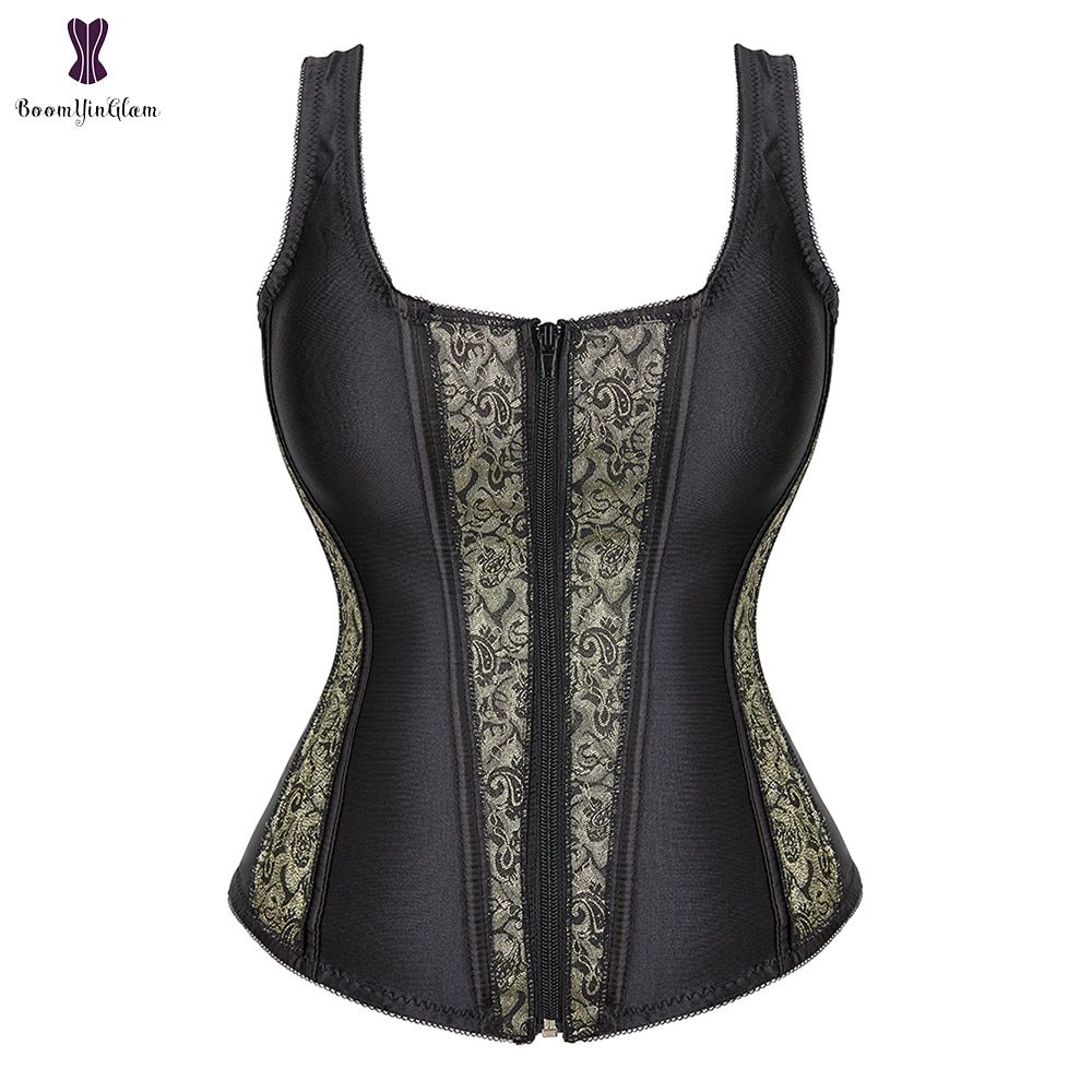 Zip Up Black Women's Satin Material Shining Body Shapwear Punk Style-