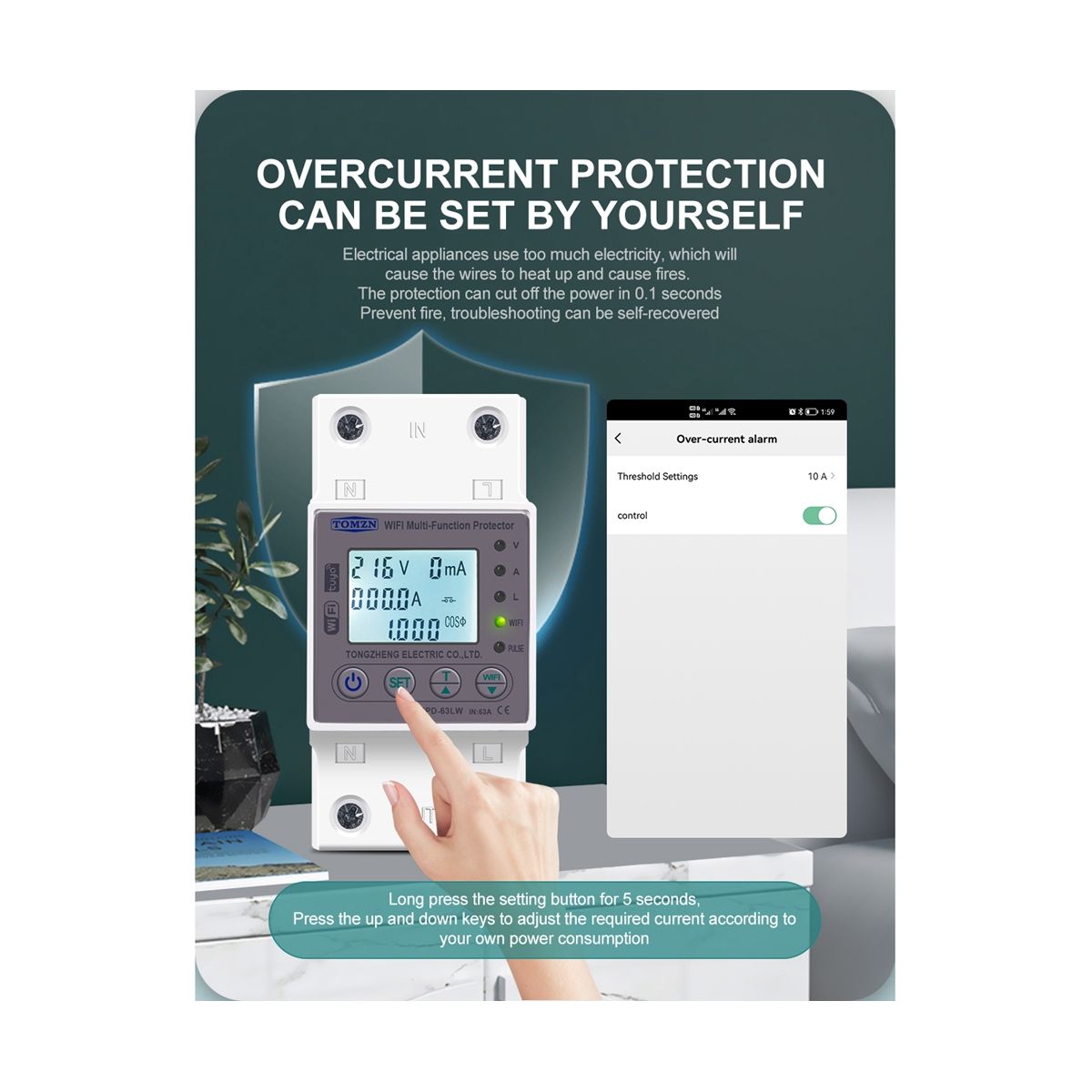 63A WIFI Smart Switch TUYA Energy Meter Kwh Metering Circuit Breaker Timer with Voltage Current and Leakage Protection