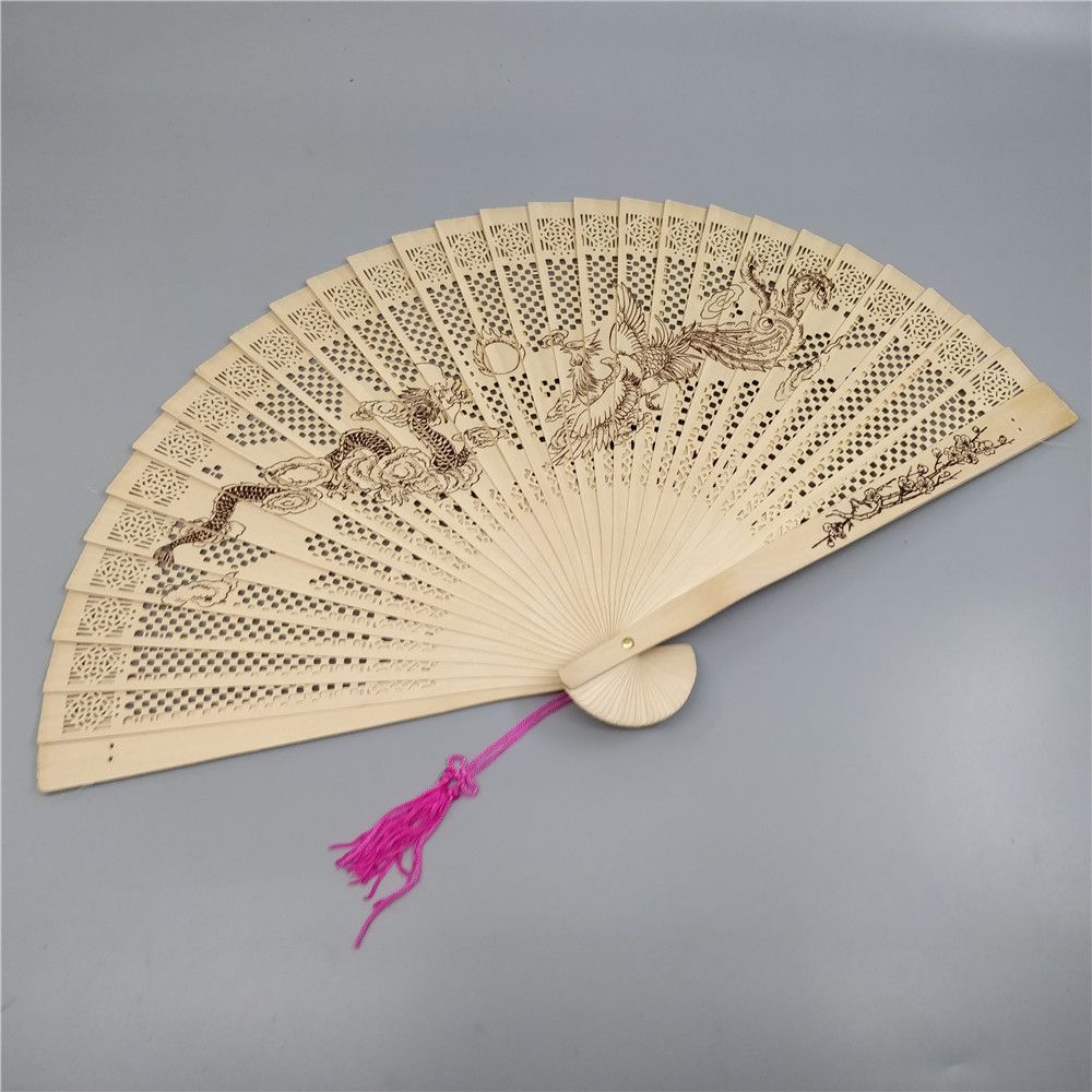 Fan Chinese Fans Hollow Carving Wood Lady Printing Vintage Antique Style Decoration Incense Folding 1Pcs Craft Hand-made Wood