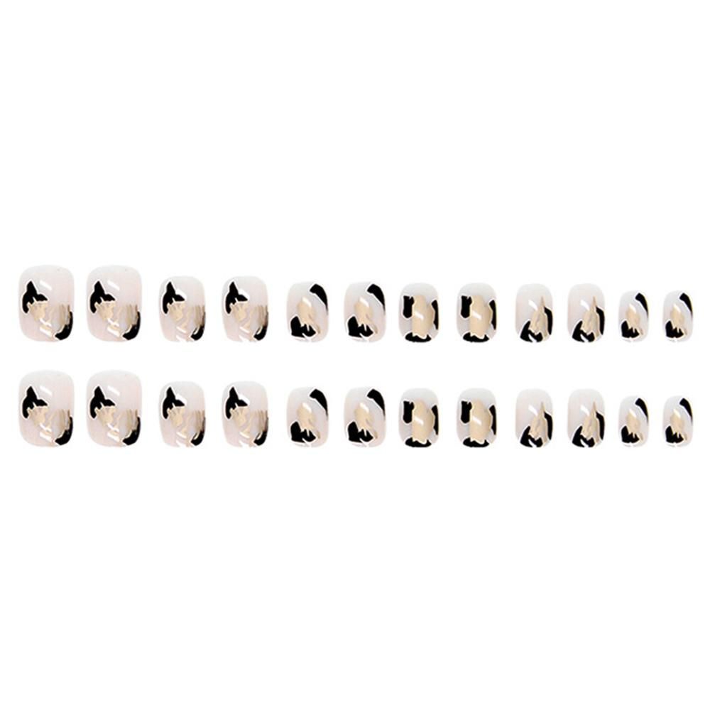 24PCS Short Press on Nails Cute Black Graffiti Full Coverage