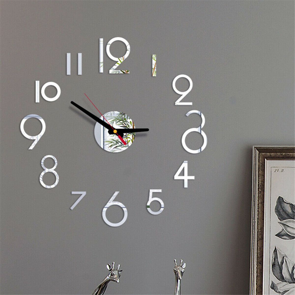 DIY Wall Clock 3D Surface Mirror Numerals Room Office Sticker Home Modern Silver