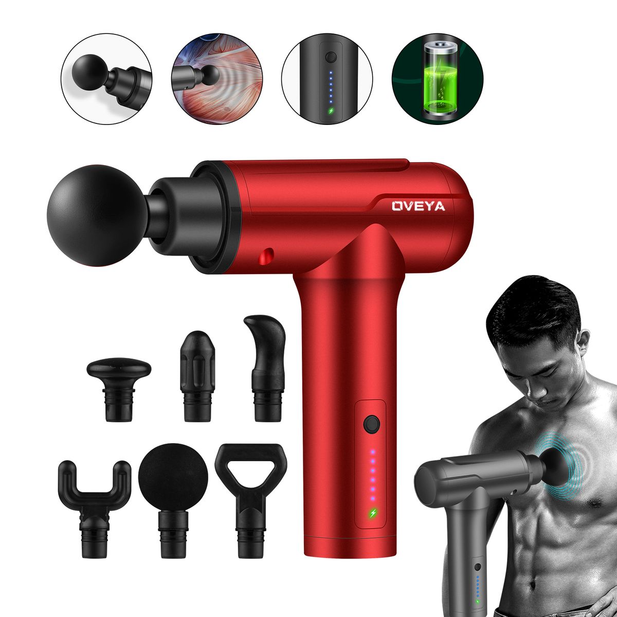 Handheld Hammer Massager Gun Therapy With 6 Heads 2200mAh
