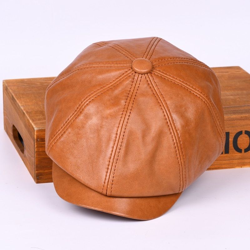 Fashion Male Leather Gastby Hat Men Octagonal Beret Autumn Winter British Caps