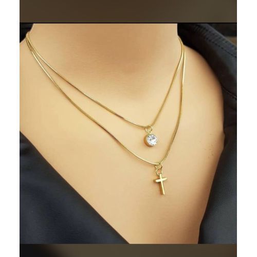 Two Steel Gold Necklace With Cross And Stone Pendant