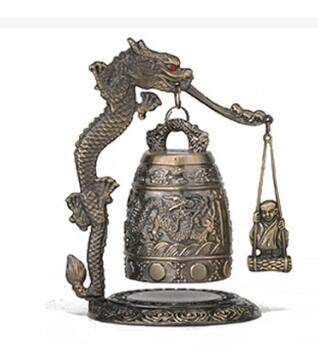 Vintage Bronze Alloy Slot Dragon Carved Buddhist Bell Chinese Geomantic Large Monk Crashing The Bell