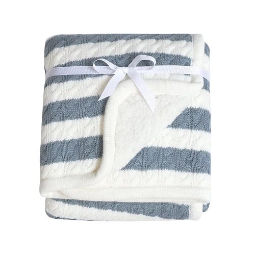 Moments Infant Baby Boy Or Girl Cable Knit Blanket With Sherpa - Blue Stripes