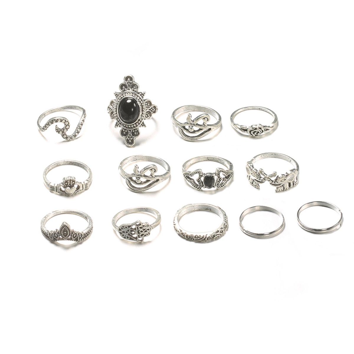 13Pcs Women Accessories Vintage Silver Elephant Black Gemstone Knuckle Ring Jewelry Set Gift