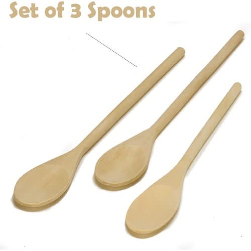 Long Handle Wooden Cooking Mixing Tasting Stirring Spoon - Ideal For Non Stick Pots - 3pcs