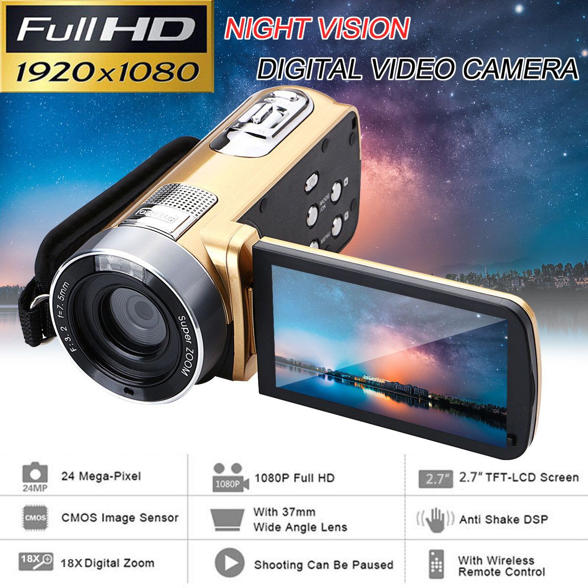 24MP HD 1080P 18X 3.0" Digital DV Camcorder Video Recorder Camera Infrared Night Gold