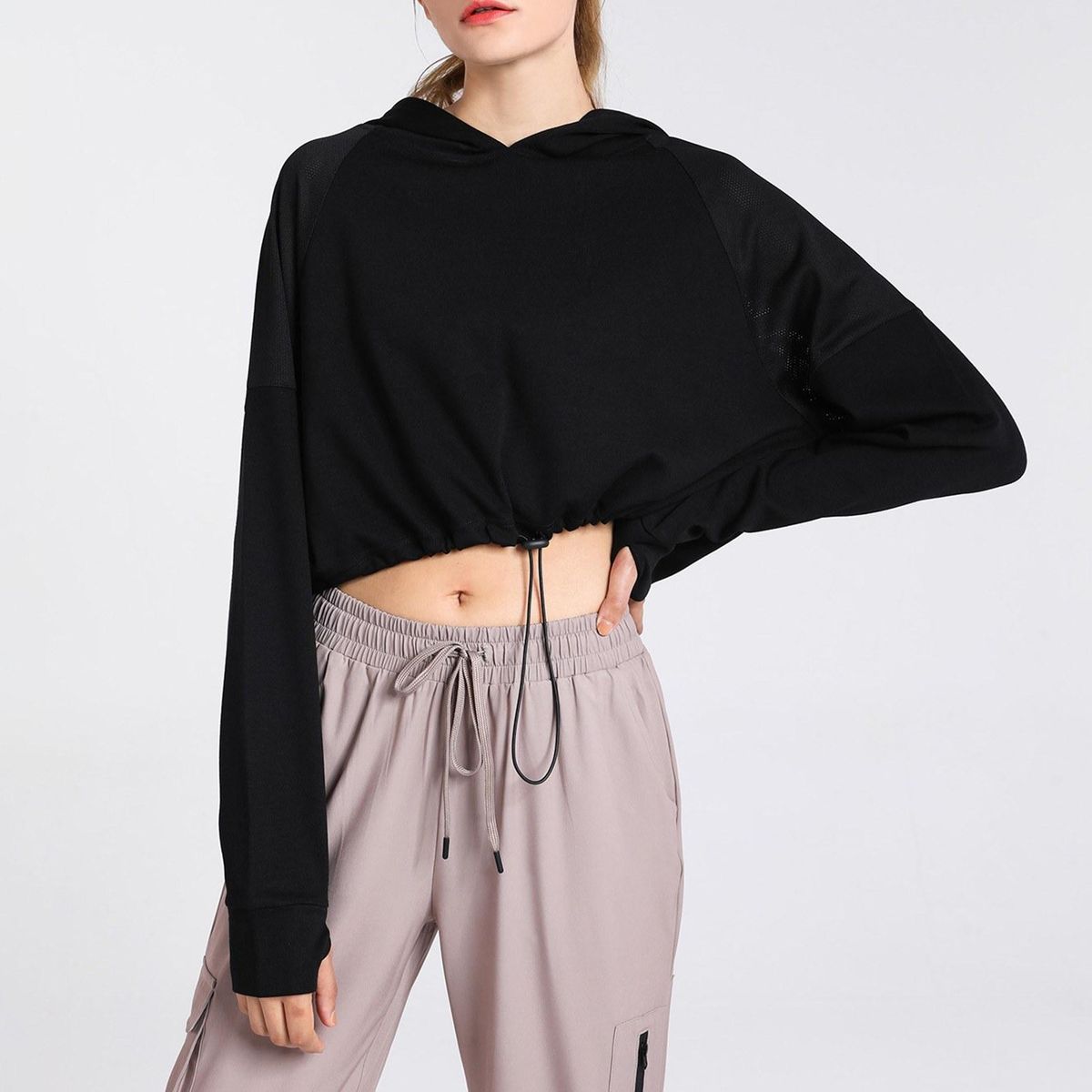 Women's Hoodie Crop Tops with Thumb Holes Drawstring Long Sleeve Sweatshirt Pullover for Sports Casual Tops Autumn