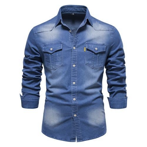 Denim Elastic Cotton Shirt Men - Long Sleeve - Blue