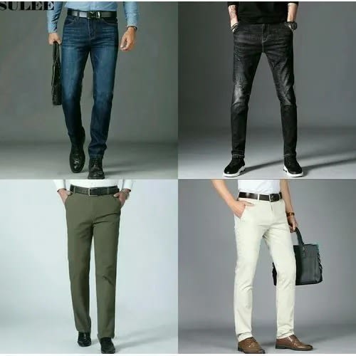 Set Of Two Stock Jeans And Two Chinos For Men - Dark Blue + Black + Army Green + Off White