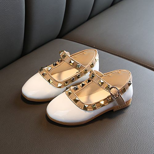 Girls Sandals Wild Rivet Dancing Princess Single Velcro Leather Shoes White