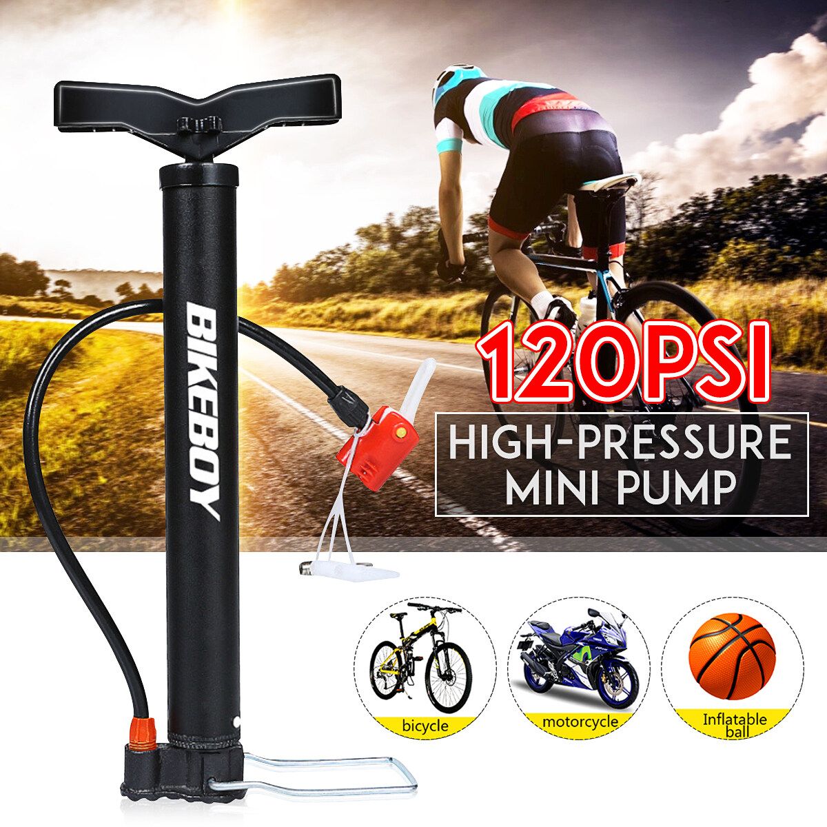 120PSI Portable Bicycle Pump High Cycling Hand Air Pump With US/FR/UK Mouth
