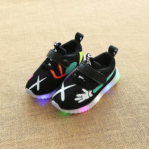 Children's Unisex Air Mesh Sports Sneakers With Led Light Luminous Sole - Black