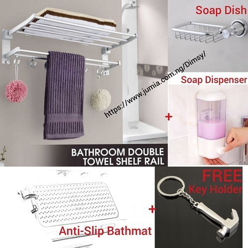 Bathroom Towel Hanger With Multiple Rail Shelf Rack + Anti-Slip Fall  Suction Grip Bathmat Foot Mat + Soap Dish Holder + Liquid Soap Dispenser + FREE Key Holder