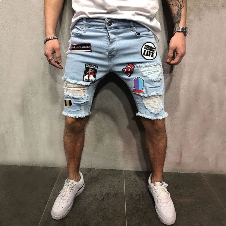 Men's Denim Shorts Ripped Embroidered Patch Pants - Blue