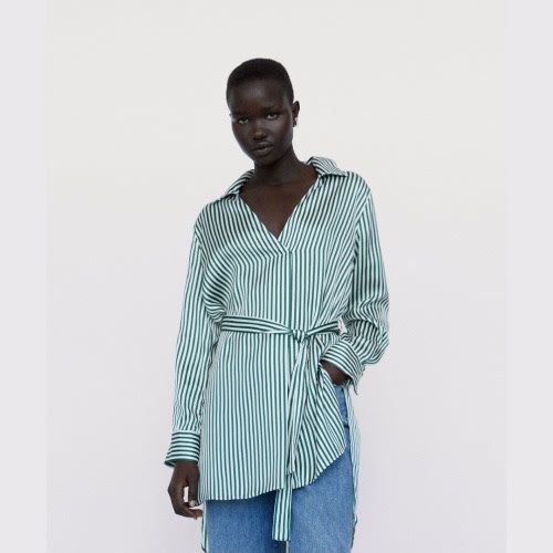 Belted Satin Effect Shirt