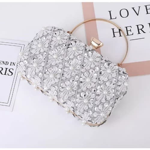 Sequin Studded Evening Clutch- Silver