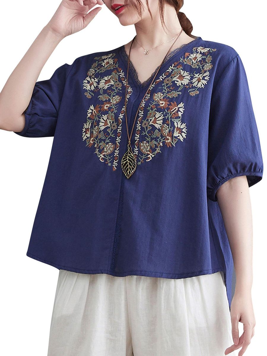 Women Loose Blouse Embroidery Half Sleeved Plus Size Vintage Holiday T-Shirts