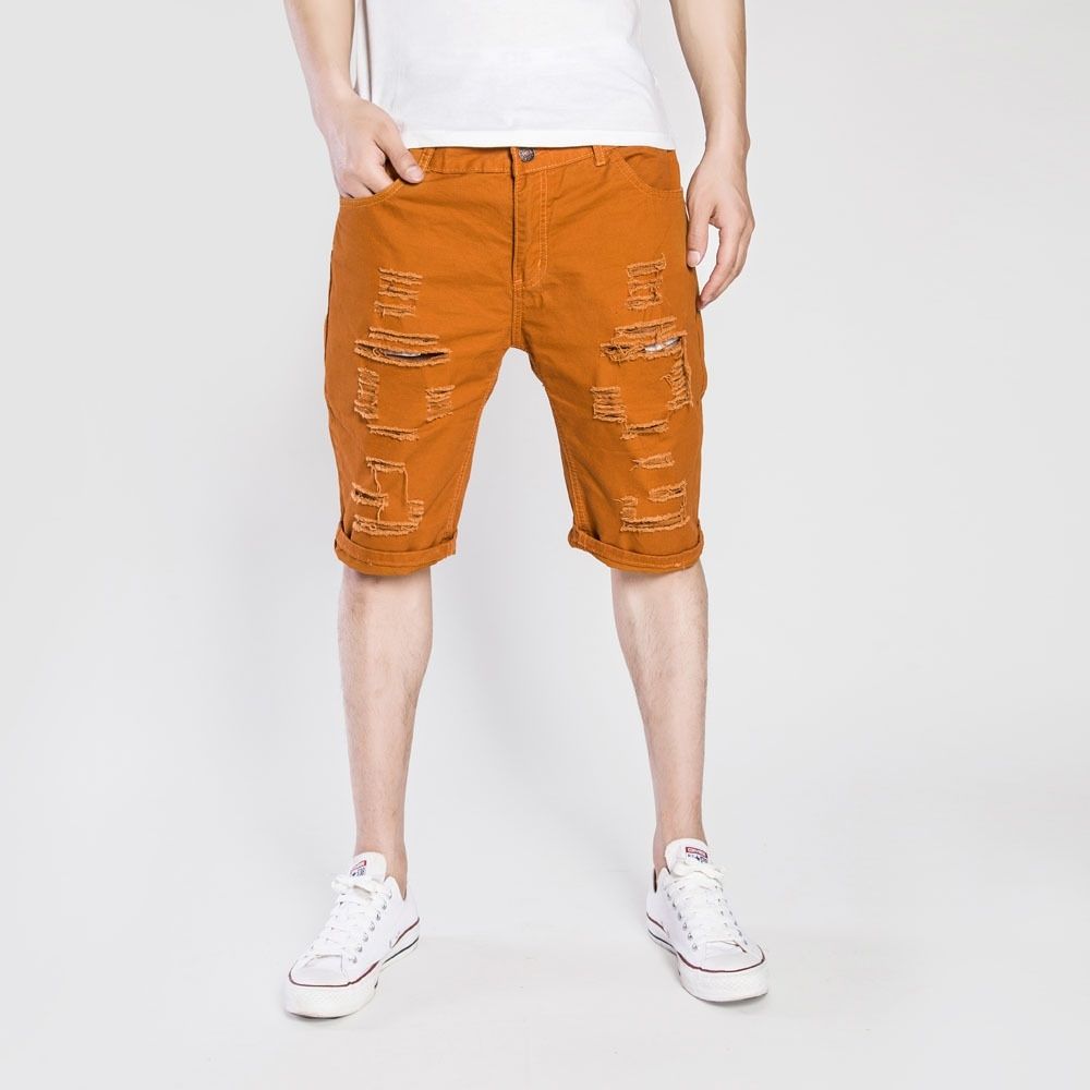 Casual Ripped Denim Shorts For Men (Coffee)