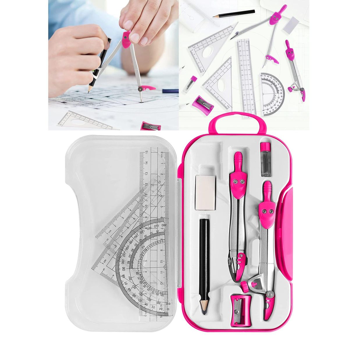 Math Geometry  Compass Set Protractor Ruler Pencil Pink