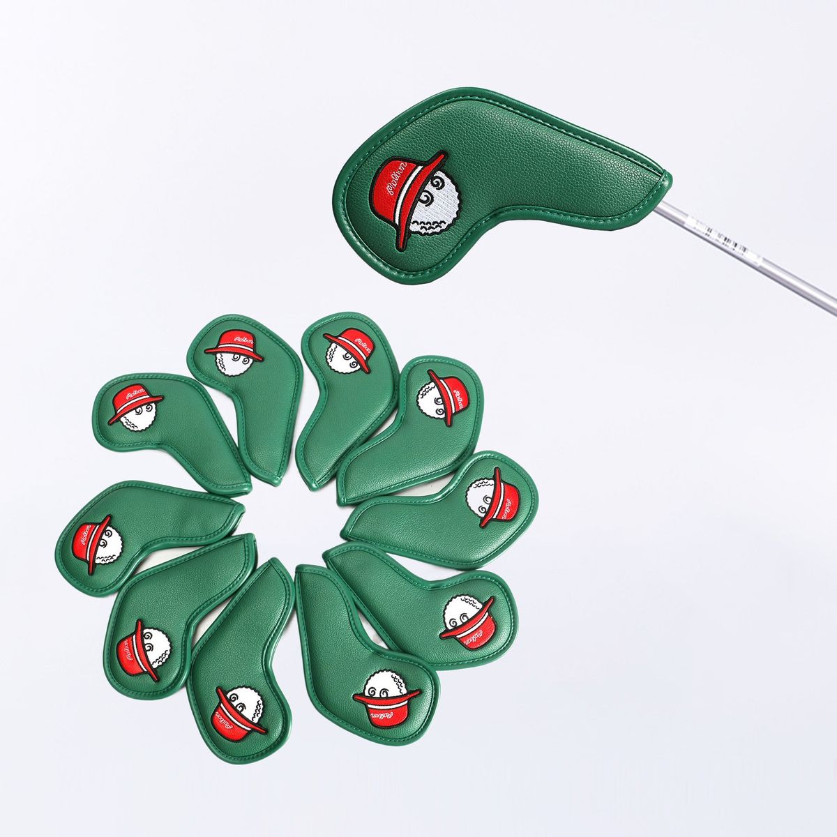 10PcsSet Angle Club Headcover Faux Leather Embroidery Golf Green