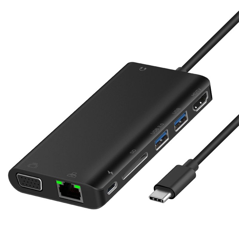 Onten 9591BD 8 In 1 USB-C / Type-C To PD USB-C / Type-C Charging + 100M Ethernet Port + Dual USB 3.0 + HDMI + VGA + SD Card Slot + 3.5mm AUX HUB (Black)