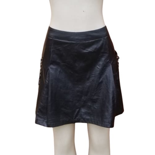 Ladies Leather Flared Skirt With Pockets- Black