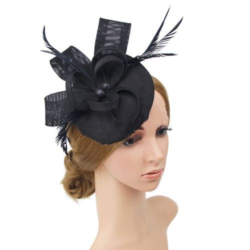 Faux Feather Fascinator Hat Net Yarn Hat Shape Bow-Black